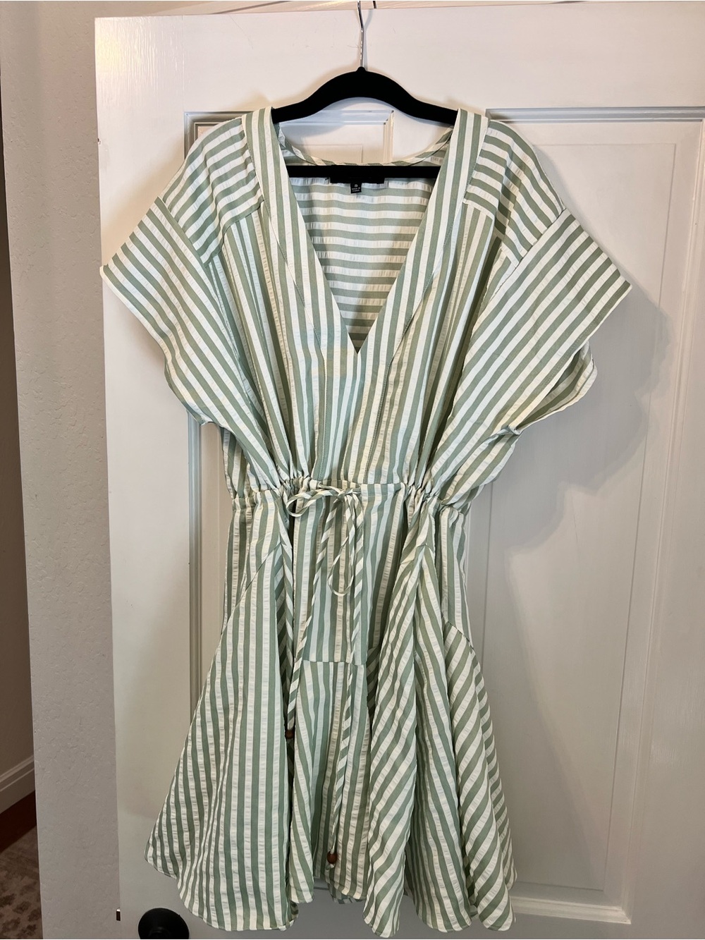 Aakaa Sage and White Striped V-Neck Dress